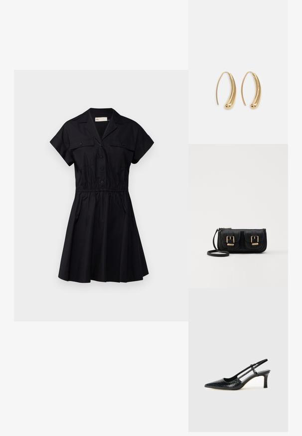 Robe noire à manches courtes avec un col, des boutons sur le devant, deux poches poitrine et une taille élastique, dotée d'une jupe évasée.; Escarpin slingback en vernis noir avec un bout pointu, présentant un imprimé serpent texturé, une sangle réglable et un petit talon bloc texturé.; Sac en cuir noir porté en travers avec deux poches avant, boucles dorées, fermeture zippée et une sangle fine. Surface texturée et forme rectangulaire compacte.; Boucles d'oreilles en métal doré en forme d'anneau, avec une forme courbée et allongée. Elles présentent une surface lisse et brillante avec une pointe arrondie pour un détail supplémentaire.