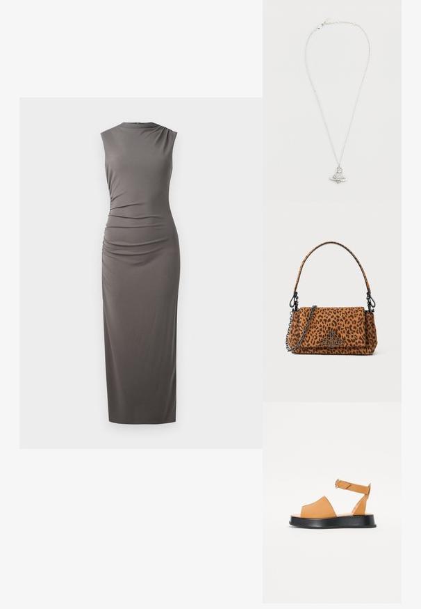 Bezrukávové šedé midi šaty s priliehavým strihom, bočnými nariaseniami, okrúhlym výstrihom a hladkým, elastickým materiálom.; Svetlohnedé kožené sandály so širokým predným dielom, otvorenou špičkou, nastaviteľným popruhom a hrubou čiernou platformou. Hladká textúra a minimalistický dizajn.; Listová taška s leopardím vzorom vyrobená z semišu, má krátku rukoť, reťazový popruh a čierny kovový uzáver. Má obdĺžnikový tvar a uzatváranie na klapku.; Strieborný náhrdelník s príveskom v tvare rakety, ktorý má okrúhly kameň podobný diamantu v strede a kruhovú základňu. Detailné a lesklé spracovanie.