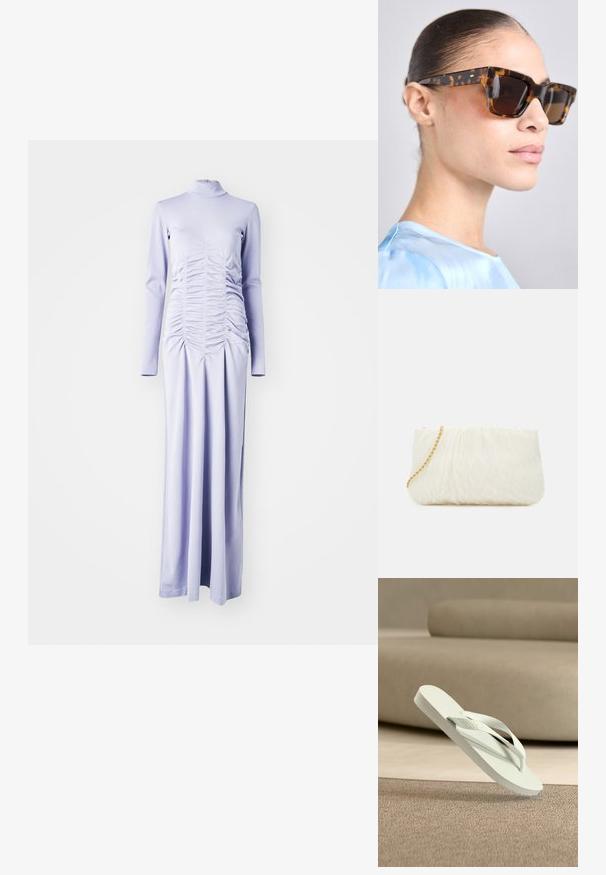 Vestido de manga longa em lavanda, feito de um tecido suave, com um decote alto e detalhes franzidos na parte da frente para textura e ajuste.; Chinelo de borracha verde claro com palmilha texturizada e tiras finas, elevado acima de um fundo macio em tons neutros.; Óculos de sol em tartaruga com uma armação retangular e robusta. Lentes escuras e detalhes em tom dourado nas hastes. Acabamento suave e brilhante.; Bolsa de mão branca texturizada com um design franzido, apresentando uma alça de corrente dourada. Acabamento liso com ondulações subtis e bordas arredondadas.