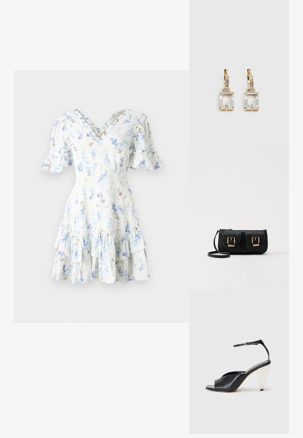 Cvečni obleki z v-izrezom, kratkimi nabranimi rokavi, plastenasto nabranim krilom, v svetlo modri barvi, z majhnimi modrimi in rjavimi cvetličnimi vzorci.; Črne usnjene sandale s peto, odprto toe, asimetričnim dizajnom, zaponko okoli gležnja in kovinsko stožčasto peto. Gladka tekstura po celotni površini.; Črna usnjena torbica čez ramo z dvema sprednjima žepoma, zlatimi zaponkami, zadrgo in ozkim pasom. Tekstura površine je strukturirana, obliko pa ima kompaktno pravokotno.; Zlato obarvani uhani, ki vsebujejo pravokoten, prozoren kristal, obešen pod vrsto majhnih, okroglih prozornih dodatkov. Elegantna, moderna zasnova.