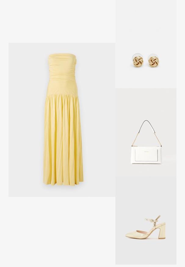 Utan axelband maxiklänning i mjuk gul tyg, med drapering vid bodicen och en samlad kjol, som har en svävande silhuett och en slät textur.; Guldmetalliska klackskor med spetsig tå, ankelrem med ett runt spänne och design med tjock klack. Slen yta.; Vit läderhandväska med texturerad yta, med guldkedjeslinga och svarta accenter. Inkluderar en framsida ficka och dragkedjestängning.; Orrhängen i guldton med en knutdesign. Varje örhänge har en cirkulär klar baksida för säker användning.