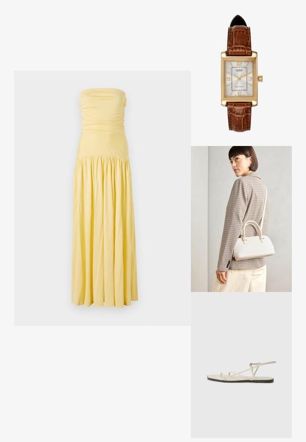 Maxi obleka brez naramnic v mehki rumeni tkanini, ki vsebuje gubanje na bodici ter nabran krilo, z lebdečo silhueto in gladko teksturo.; Beige ravne sandale z več tankimi trakovi in nastavljivim zaponcem. Podplat je raven z rahlo temnim kontrastom na robu.; Bela strukturirana torba z kratkimi ročaji in naramnim trakom, z zlatimi okrasnimi elementi in teksturiranim materialom, prikazana na sivi podlagi.; Casio quartzna ura s pravokotnim zlatim ohišjem, belim obračunom, zlatimi kazalci in strapom iz rjave usnje s krokodiljim vzorcem. Vodoodporna.
