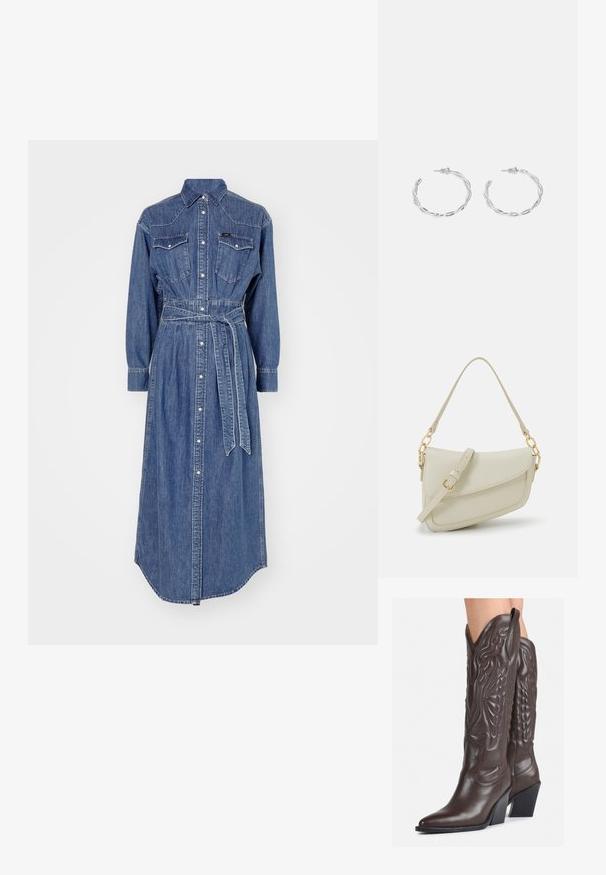 Kratka haljina od denima s dugim rukavima, prednjim kopčanjem na dugmadi, dva džepa na grudima, pojasom u struku i zakrivljenim rubom; srednje plava boja s laganim izbljeđivanjem.; Smeđe kožne kauboj čizme s šiljastim vrhom i blok-potpeticom, s detaljno izvezenim šavovima i uzdignutim naglascima na okovu.; Mala krem torbica s teksturiranim finišom, dugačkim podesivim remenom, lančanim detaljem i preklopom. Zlaćani hardver.; Srebrne naušnice s obručima i uvijenim dizajnom, s poliranim završetkom i pričvršćivanjem na stražnjoj strani. Mjere otprilike 3 cm u promjeru.