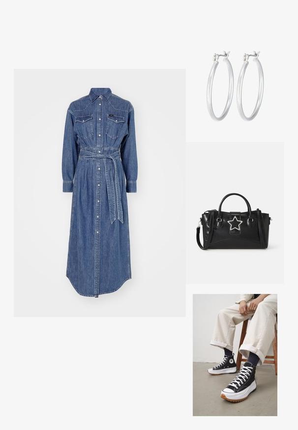 Denimu krekls-maka ar garām piedurknēm, priekšējā pogu aizdare, divas krūšu kabatas, jostots viduklis un noapaļota apakšmala; vidēji zila mazgāšana ar vieglu izbalējumu.; Augstie melnie sporta apavi ar baltām auklām un gumiju purngalā. Bieza balta zole ar strukturētu brūnu ārējo zoli, valkāti ar zilām svītrainām zeķēm.; Melnas somiņas, izgatavotas no mākslīgās ādas, ar sudrabainu zvaigznes akcentu, divām rokturiem un regulējamu plecu siksnu.; Sudraba riņķveida auss gredzeni ar gludu, pulētu apdari. Apaļa forma un drošs klikšķa augšējais slēgums. Viegls dizains, kas piemērots ikdienas valkāšanai.
