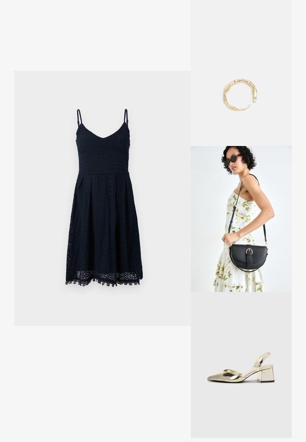 Marinblå sommarklänning med tunna axelband, V-ringning och spetsdetaljer. A-linjeformat kjol med vågig nederkant och intrikata mönster.; Guld, metalliska slingback-klackar med spetsig tå och chunky klack. Slät textur, minimalistisk design och en smal rem.; Svart läderhandväska med en böjd form, avtagbar rem och guldiga detaljer. Väskan har ett lock med en spänndetalj.; Ring i guldutförande med en organisk, vriden design, slät yta och avsmalnande ändar, vilket ger ett modernt, skulpturalt utseende.