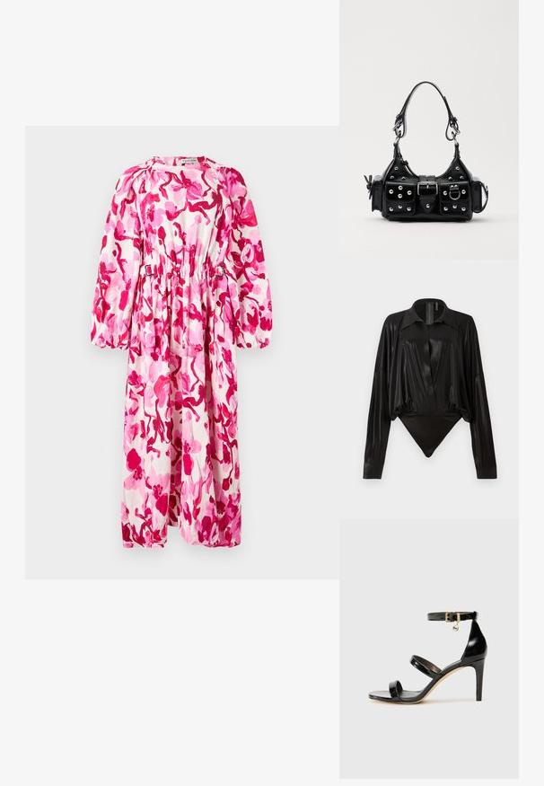 Bloemenjurk met roze en witte patronen, lange mouwen, een losse pasvorm, elastische taille en een ronde halslijn. De stof lijkt lichtgewicht te zijn.; Zwarte body met lange mouwen, V-hals en een aansluitende silhouet. Gemaakt van glanzende, gladde stof met een gestructureerde kraag en manchetten.; Zwarte gepatineerde leren sandaal met drie banden, enkelgesp en 10 cm hoge stiletto hak. Bevat gouden hardwaredetails en een logo charm.; Zwarte lederen handtas met een gebogen ontwerp, voorzien van zilveren studs, een gesp en twee zijvakken. Verstelbare schouderband voor verschillende draagmogelijkheden.