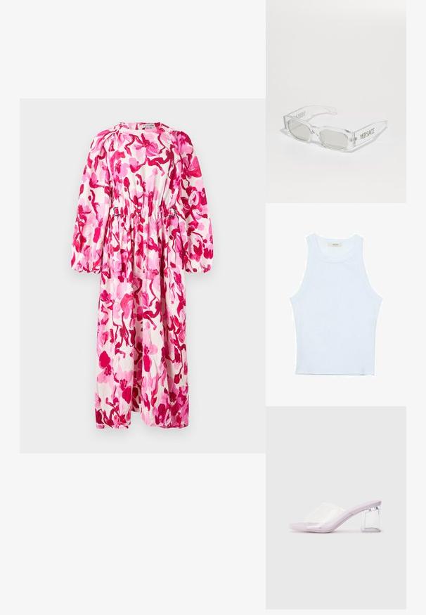 Blumenkleid mit pinken und weißen Mustern, langen Ärmeln, lockerer Passform, elastischem Taillenbund und rundem Ausschnitt. Der Stoff wirkt leicht.; Weißes Tanktop, gerippte Textur, runder Ausschnitt, ärmelloses Design, enganliegende Form, dezente Markenkennzeichnung im Etikett im Kragenbereich.; Lavendelfarbene mules mit Absatz aus klarem Kunststoff und transparentem Blockabsatz. Glatte Textur, offenes Zehendesign, minimalistischer Stil.; Klare Kunststoffsonnenbrille mit grauen Gläsern, rechteckiger Form, geprägtem "Versace"-Logo an den Bügeln, das ein modernes Design präsentiert.