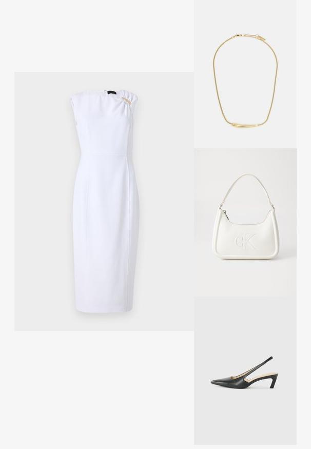 Bela prilegajoča obleka z visokim ovratnikom, kratkimi rokavi in dekorativnim zlatim akcentom na rami. Narejena iz gladkega blaga, do kolen.; Črne čevlje s koničastimi nosovi in slingback obliko z nizko peto, izdelane iz gladke usnjene materiale ter s črtasto zasnovo na strani za prezračevanje.; Bela usnjena torbica s ukrivljeno obliko, ki na sprednji strani nosi vžgano logo "CK" in ima eno naramnico. Zadrga za zapiranje na vrhu.; Zlatom pozlačen ogrlica z gladkim, ukrivljenim osrednjim poudarkom. Ima fleksibilno verigo z ježkom in dodatne prilagodljive verižice.