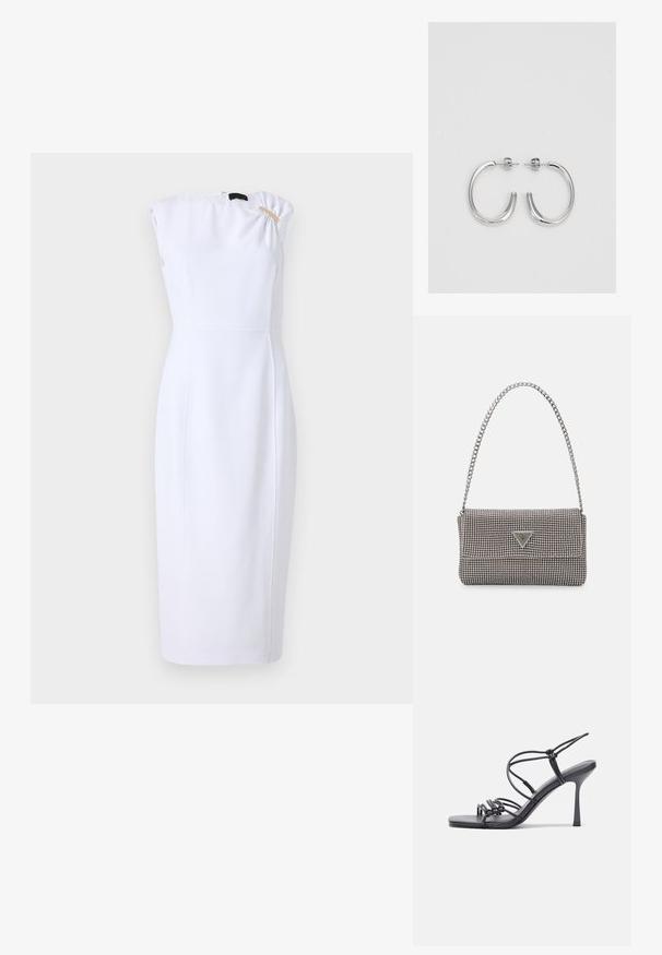 Balta prigludusi suknelė su aukštu apykakle, trumpomis rankovėmis ir dekoratyviu auksiniu akcentu petyje. Pagaminta iš lygios medžiagos, iki kelių ilgio.; Juodos aukštakulnės sandalai pasižymi plonyčiais dirželiais su mazgo dizainu, lygiu kvadratiniu pirštu ir elegantišku stiletto kulnu.; Šviesiai pilka metalinė rankinė su grandinėlės dirželiu, papuošta mažais apvaliais metaliniais smeigėmis ir trikampiu prekės ženklu.; Sidabrinės auskarai žiedai su lygiu, blizgiu paviršiumi. Suapvalinta forma, lengvas dizainas, su uždarymu ant smeigtuko.