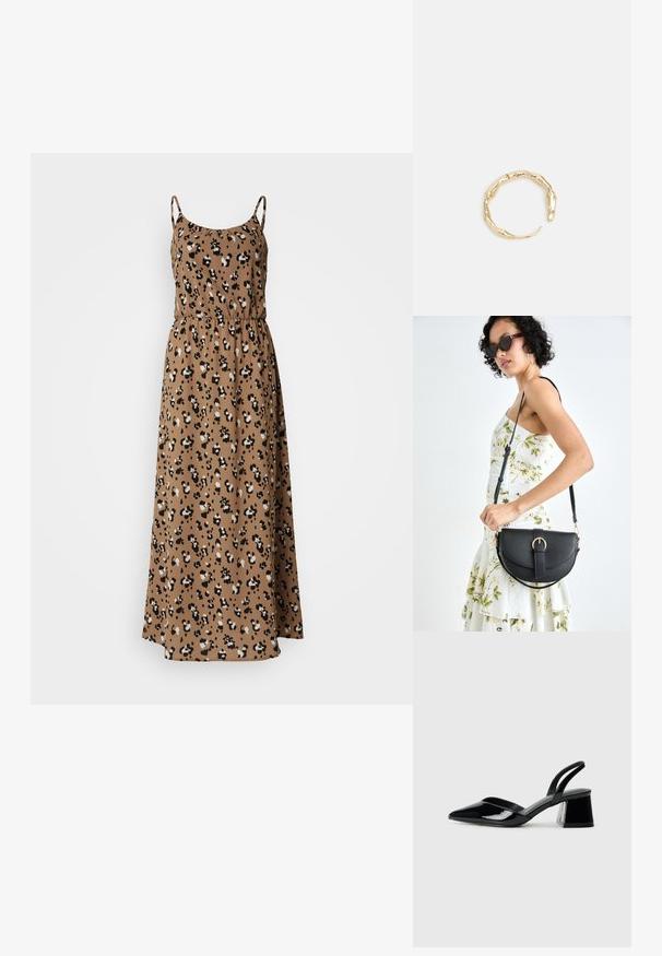 Maxi šaty z hnedého materiálu s leopardím vzorom, s tenkými ramienkami, elastickým pásom a voľným strihom.; Čierne lakované kožené sandálové podpätky s špicatou špičkou a geometrickým blokovým podpätkom. Disponujú elegantným, minimalistickým dizajnom a hladkým povrchom.; Čierna kožená kabelka s zaobleným tvarom, odnímateľným popruhom a zlatými doplnkami. Kabelka má klopu s detailom s prackou.; Prsteň v zlatej farbe s organickým, skrúteným dizajnom, hladkým povrchom a zužujúcimi sa koncami, vytvárajúci moderný, sochársky vzhľad.