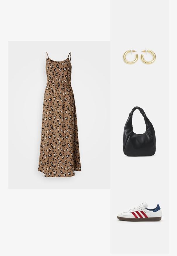 Maxi sukienka z brązowego materiału w leopardzi wzór, z cienkimi ramiączkami, elastyczną talią i swobodnym krojem.; Białe sneakersy z czerwonymi zamszowymi paskami, niebieskim zamszowym akcentem na pięcie oraz teksturowaną brązową gumową podeszwą. Posiadają sznurowane zapięcie i logo.; Czarna torba hobo wykonana z gładkiego, skóropodobnego materiału z twisted uchwytem, o miękkim, zaokrąglonym kształcie i górnym zapięciem na zamek.; Złote kolczyki w kształcie kółek o gładkim, błyszczącym wykończeniu. Okrągły design z małym klipsem i przezroczystym zapięciem zapewniającym bezpieczne noszenie.