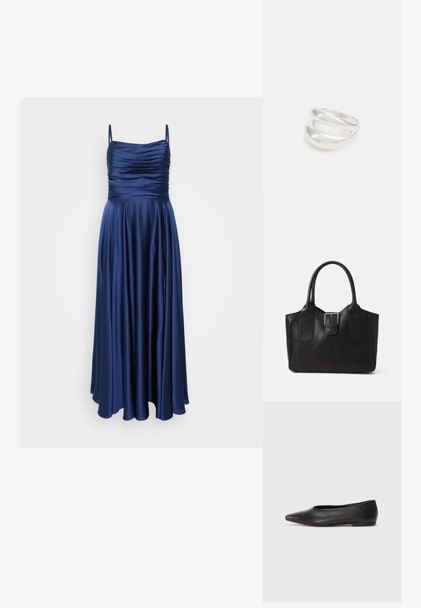 Navy blue floor-length dress with thin straps, featuring a ruched bodice and smooth, flowing fabric that drapes elegantly.; Black leather ballet flat, pointed toe, minimalistic design, smooth texture, low-profile heel, no visible hardware or embellishments.; Black leather tote bag with smooth texture, structured shape, two handles, and a prominent silver buckle detail on the front.; Silver double-band ring with a smooth, polished surface. Features a fluid, curved design with overlapping sections for a modern look.