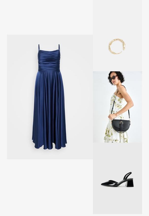 Mornarji modra obleka do tal s tankimi naramnicami, s plisiranim korpusom in gladkim, tekočim materialom, ki se elegantno ovija.; Črne lakirane slingback pete s koničastim nosom in geometrijsko blokasto peto. Imajo eleganten, minimalističen dizajn in gladko teksturo.; Črna usnjena torbica s ukrivljeno obliko, z odstranljivo naramnico in zlatimi dodatki. Torbica ima pokrov s podrobnostmi v obliki zaponke.; Zlati prstan s organskim, zvitim dizajnom, gladko površino in taperiranimi konci, ki ustvarja modernega, skulpturalnega videza.