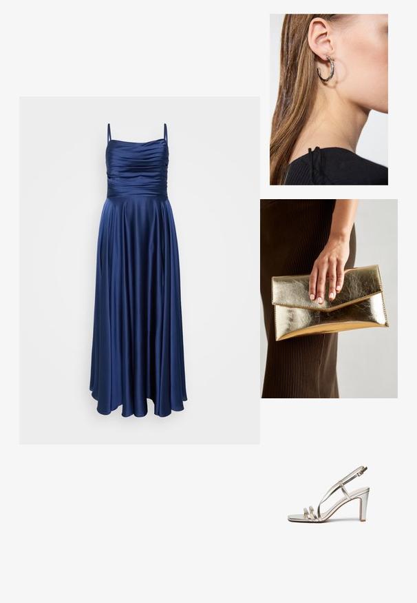 Námornícka modrá podlahová dĺžka šiat s tenkými ramienkami, s riaseným živôtikom a hladkým, splývavým materiálom, ktorý elegantne splýva.; Metalické strieborné sandále na vysokom podpätku s otvorenou špičkou, s tromi tenkými popruhmi cez nohu a remienkom okolo členka so sponou.; Zlatá metalická kabelka cez plece s hladkým povrchom, ktorá má trojuholníkové uzavretie. Ruka ju drží a má starostlivo upravené nechty.; Strieborná kruhová náušnica s lesklým povrchom, obsahujúca malé zlaté akcenty a okrúhly tvar, nosená na lalôčiku ucha.