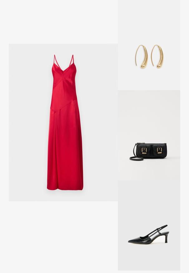 Rotes Satin-Kleid mit einem tiefen V-Ausschnitt, dünnen Trägern und einer fließenden Silhouette. Verfügt über ein asymmetrisches Design und ist knielang.; Schwarze Lack-Slingback-Pumps mit spitzem Zehenbereich, versehen mit strukturiertem Schlangenprint, verstellbarem Riemen und einem kurzen, strukturierten Blockabsatz.; Schwarze Leder-Umhängetasche mit zwei vorderen Taschen, goldenen Schnallen, Reißverschluss und einem schmalen Tragegurt. Texturierte Oberfläche und kompakte rechteckige Form.; Goldfarbene Metall-Hoops mit einer geschwungenen, länglichen Form. Sie verfügen über eine glatte, glänzende Oberfläche und eine abgerundete Spitze für zusätzliche Details.