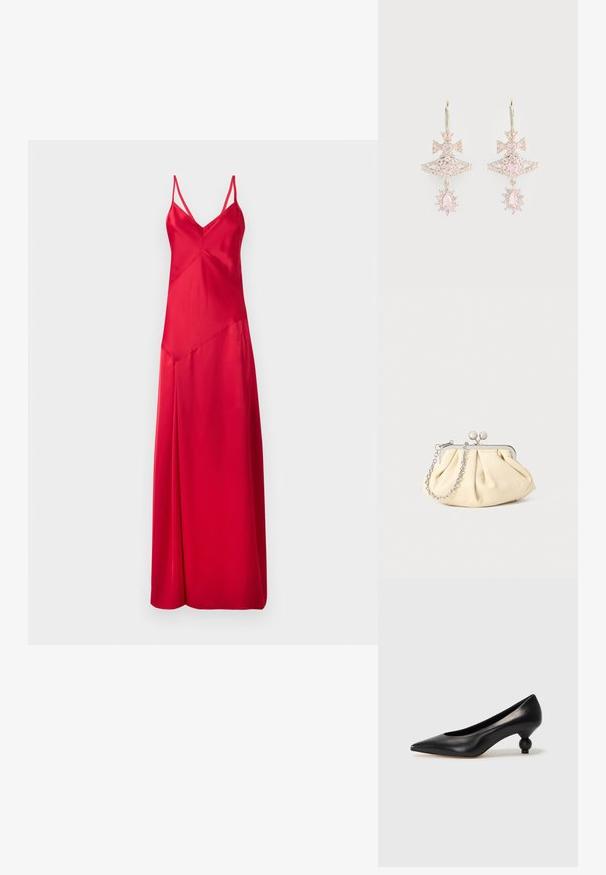 Robe en satin rouge avec un décolleté en V profond, des bretelles fines et une silhouette fluide. Présente un design asymétrique et une longueur mi-mollet.; Chaussure à talon haut en cuir noir avec un bout pointu et un talon arrondi. Texture lisse avec un design épuré et minimal.; Pochette en cuir beige plissé avec un cadre en métal argenté, dotée de deux fermoirs ronds décoratifs et d'une chaîne en argent.; Boucles d'oreilles en pierre précieuse rose avec un design en nœud, mettant en avant une structure superposée et des accents scintillants ; la quincaillerie en métal conserve une finition polie.