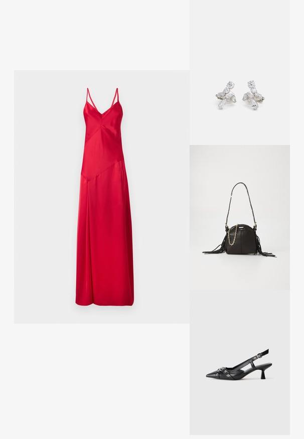 Rotes Satin-Kleid mit einem tiefen V-Ausschnitt, dünnen Trägern und einer fließenden Silhouette. Verfügt über ein asymmetrisches Design und ist knielang.; Schwarzer Leder-Slingback-Schuh mit spitz zulaufender Zehenpartie, dekorativen Riemen mit METALLÖSEN und niedrigem Blockabsatz. Strukturelle Oberfläche.; Schwarze Lederhandtasche in runder Form, mit Fransenakzenten, einem langen Schultergurt und einem goldenen Kettendetail.; Silberfarbene Ohrringe mit klaren, funkelnden Steinen in verschiedenen Formen, darunter rund und marcasit, die in einem floralen Design angeordnet sind.