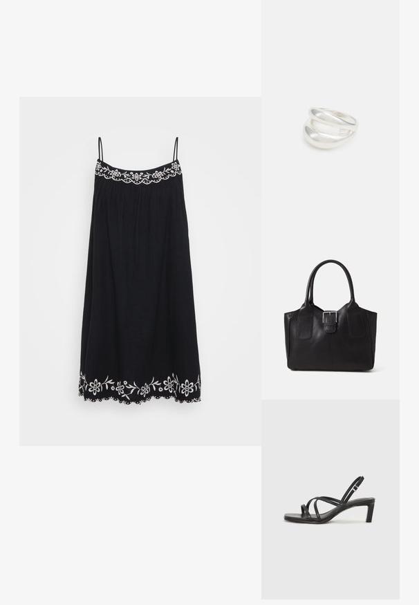 Crna haljina bez rukava s izvezenim cvjetnim okovratnikom i rubom, koja ima lepršavi oblik i valovite rubove, izrađena od laganog materijala.; Crne sandale s trakama, kvadratnim prstom i niskom blok petom. Ima više tankih trakica i podesivu trakicu oko gležnja. Izrađene su od glatke kože.; Crna kožna torba za nošenje s glatkom teksturom, strukturiranim oblikom, dvije ručke i istaknutim srebrnim kopčanjem na prednjoj strani.; Srebrna dvostruka prsten s glatkom, poliranom površinom. Karakterizira ga fluidan, zakrivljen dizajn s preklapajućim sekcijama za moderan izgled.