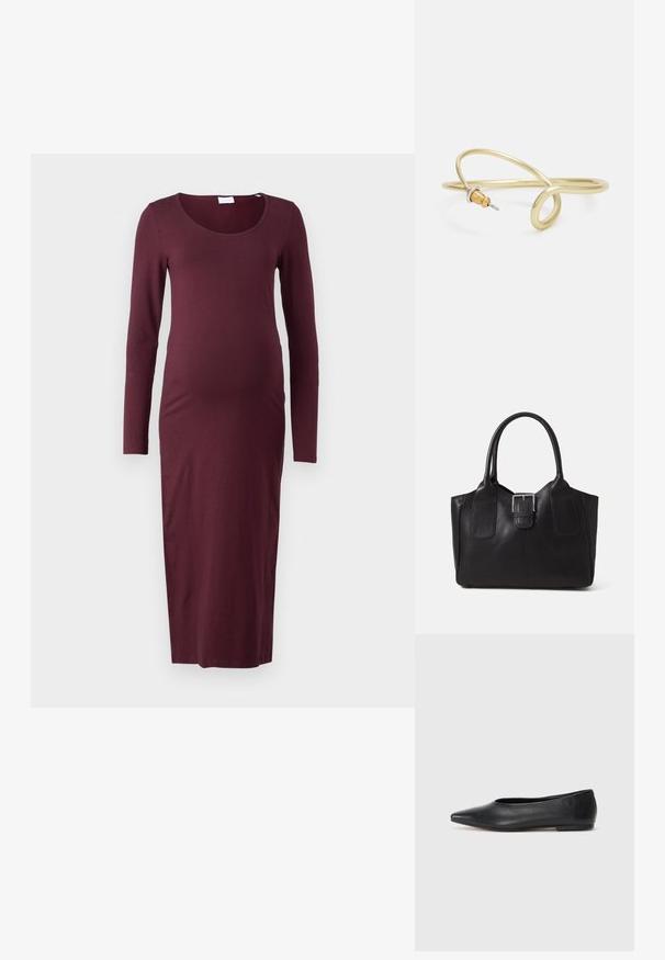 Ilgi piedurkņu, bordo grūtniecības kleita, izgatavota no mīkstas auduma, ar pieguļošu siluetu un apaļu dekoltē, ar ceļgala garuma apakšmalu.; Melna ādas baleta kurpe, ar norādītu purngalu, minimālisma dizains, gluda tekstūra, zema papēža augstums, bez redzamiem aksesuāriem vai rotājumiem.; Melnas ādas somiņa ar gludu tekstūru, strukturētu formu, divām rokturām un izteiktu sudraba sprādzi priekšpusē.; Zelta krāsas metāla aproce ar šķidrām, viļņveidīgām formām. Vienā galā ir neliels, izteikts sudraba krāsas akcents.