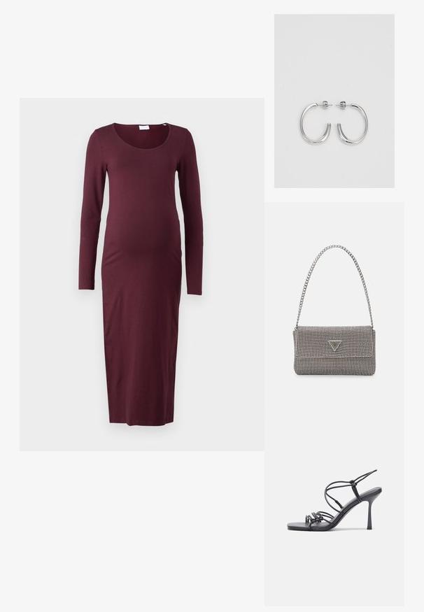 Pikkade varrukatega, burgundi värvi raseduskleit, mis on valmistatud pehmest kangast, omades liibuvat siluetti ja ümarat kaelust ning põlvekõrgust ääreline.; Mustad musta värvi kontsandaalid on varustatud peente rihmadega, millel on sõlmekujundus, siledad ruudukujulised varbad ja stiilne stilettokonts.; Helehall metallik handbags, millel on kett, kaunistatud väikeste ümmarguste metallist õmblustega ja kolmnurkse brändi logoga.; Hõbedased rõngaskõrvarõngad, millel on sile ja läikiv pind. Ümar kuju, kerge disain, millel on post-tagumise kinnituse süsteem.