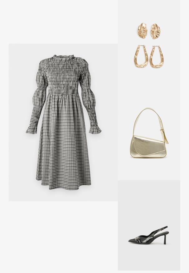 Vestido de gingham preto e branco com corpete franzido, mangas longas bufantes, punhos com babados e uma saia fluida até ao joelho.; Sapato slingback preto em pele patentada com bico apontado, tiras no tornozelo apresentando fivelas e acessórios prateados, e um salto elegante.; Bolsa de mão metálica dourada com um design estruturado, textura suave e alça ajustável. Apresenta uma forma triangular única e costura minimalista.; Brincos em tom de ouro com formas onduladas e texturizadas. Inclui studs escultóricos com presilha e um design de argola aberta com um acabamento martelado.