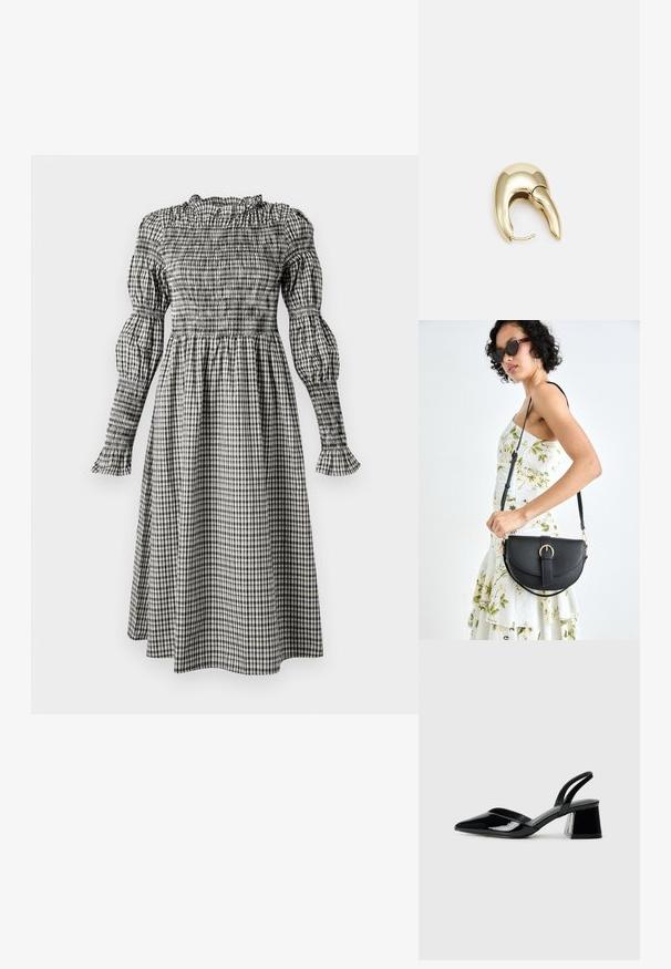 Juoda ir balta gėlių rašto suknelė su smulkinta liemene, pūstomis ilgomis rankovėmis, raukšlėtomis rankovėmis ir laisvai krentančia iki kelių ilgio sijonu.; Juodos lakuotos odinės šlepetės su smailiu pirštu ir geometriniu bloko kulnu. Turi elegantišką, minimalistinį dizainą ir lygų paviršių.; Juodas odinis krepšys su išlenkta forma, nuimamu dirželiu ir auksiniais detalėmis. Krepšys turi kilpą su sagtimi.; Aukso tono metalinės auskarai su stilingu, kreiviu dizainu. Išsiskiria ryškiu smailiu pavidalu, poliruota paviršiumi ir užsegimu su vyriu.