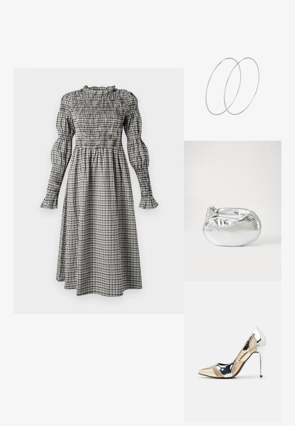 Valkoinen ja musta gingham-mekko, jossa on smokkikiinnitys, puffattuja pitkiä hihoja, röyhelöhelma ja suora, polvimittainen hame.; Korkokenkät, joissa on terävä kärki ja hopea, kultainen sekä nude-väriyhdistelmä. Kiiltävä pinta ja leikkausdesign, varustettuna stikettikorkealla.; Hopeapintainen metallinen pussilaukku, jolla on pehmeä, pyöreä muoto ja solmittava yläosa. Valmistettu sileästä tekonahkamateriaalista.; Hopehope hopeilla, joissa on minimalistinen muotoilu. Pyöreä muoto, sileä pinta ja ohut profiili. Kevyet ja kiillotetut.