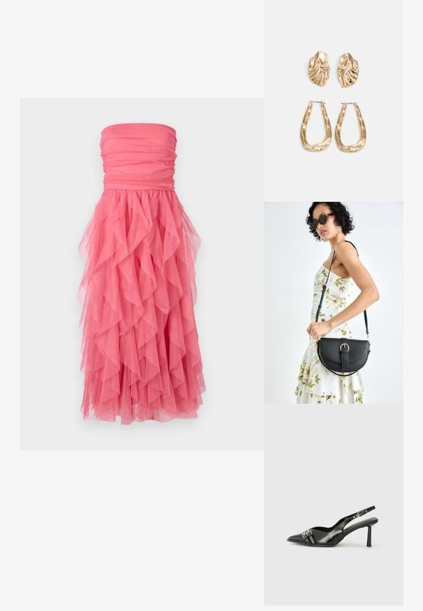 Haljina bez naramenica u vibrantnoj ružičastoj boji s nabranim korzetom i slojevitim tulastim volanima koji se slijevaju od struka do rubova. Mekana, lagana tekstura.; Crna lakirana slingback cipela s izduženim vrhom, remenčićima oko gležnja s srebrnim kopčama i dijelovima, te vitkim potplatom.; Crna kožna torba s lukovitim oblikom, odvojivim remenom i zlatnim detaljima. Torba ima preklop s kopčom.; Naušnice zlatne boje s teksturiranim, valovitim oblicima. Uključuju skulpturalne kopče i dizajn otvorene kružnice s kovanom završnom obradom.