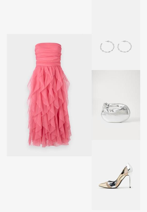 Bezplecu kleita spilgti rozā krāsā ar savilkumu krūšu rajonā un daudzslāņu zīda ieloksēm, kas plūst no vidukļa līdz apmalei. Mīksta, viegla tekstūra.; Apspīlēta augstpapēžu kurpe ar zeltītu, sudrabi un neitrālu krāsu kombināciju. Spīguļojoša virsma ar izgriezuma dizainu, aprīkota ar stiletto papēdi.; Sudraba metāliska poga somiņa ar mīkstu, noapaļotu formu un mezgla augšējo aizdari. Izgatavota no gludas mākslīgās ādas materiāla.; Sudraba gredzenveida auskari ar savītu dizainu, kas ir ar pulētu apdari un ar aizmugurēju fiksāciju. Izmērs ir aptuveni 3 cm diametrā.