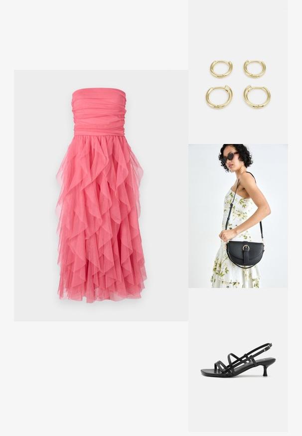 Šaty bez ramínek v živé růžové barvě s nařaseným korzetem a vrstvenými tylovými volány splývajícími od pasu ke spodnímu okraji. Měkká, lehká textura.; Černé sandály na podpatku s několika křížovými pásky. Hladký materiál, špičatá špička a úzký podpatek. Nastavitelný pásek kolem kotníku s přezkou.; Černá kožená kabelka s křivkovým tvarem, odnímatelným popruhem a zlatými detaily. Kabelka má klopu s přezkou.; Zlaté kruhové náušnice, čtyři kusy, hladký povrch, zakřivený design, různé velikosti, s kloubovým zapínáním pro snadné nošení.