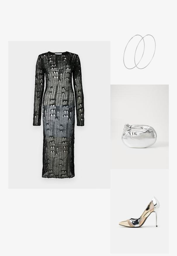 The Ragged Priest DRESS - Obleka/pulover - black; Čevlji z visoko peto in konico, v barvni kombinaciji srebrne, zlate in nude. Sijajna obdelava z izrezljanim dizajnom, z igličasto peto.; Srebrna kovinska torbica z mehko, zaobljeno obliko in zavezano zgornjo zaporo. Narejena iz gladkega umetnega usnja.; Srebrne uhane v obliki obroča z minimalističnim dizajnom. Krožna oblika, gladka tekstura in tanek profil. Lahki s poliranim zaključkom.