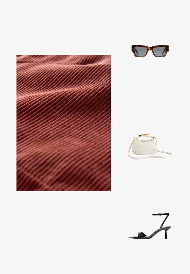 Tonfarbener Cordstoff mit auffälligem, vertikalem Rippenmuster, das eine weiche Textur und einen sanften Fall zeigt.; Bershka High Heel Sandalette - black; Schildpatt-Sonnenbrille mit eckigen Rahmen, grauen Gläsern und einer glatten Oberfläche. Verfügt über ein mutiges geometrisches Design und dicke Bügel.; Weißer geflochtener Lederhandtasche mit einem goldfarbenen Griff, abnehmbarem Schulterriemen und abgerundetem Boden. Verfügt über einen Reißverschlussverschluss oben.