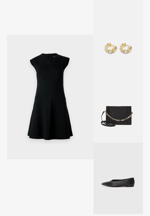 Črna brezrokavnik obleka z V-izrezom, prilegajočim bodicem in raztegnjenim krilom. Narejena iz gladkega blaga s preprosto zasnovo in zadrgo na hrbtu.; Črne usnjene balerinke, koničast toe, minimalističen dizajn, gladka tekstura, nizka peta, brez vidnih kovinskih delov ali okraskov.; Črna usnjena torba čez ramo z gladko teksturo, pravokotno obliko in kovinskim verižnim detajlom spredaj. Vključena je nastavljiva naramnica.; Zlati uhani v obliki obroča z teksturiranim dizajnom in tremi prozornimi kristalnimi poudarki na eni strani, ki ponujajo sodoben geometrijski estetski videz.