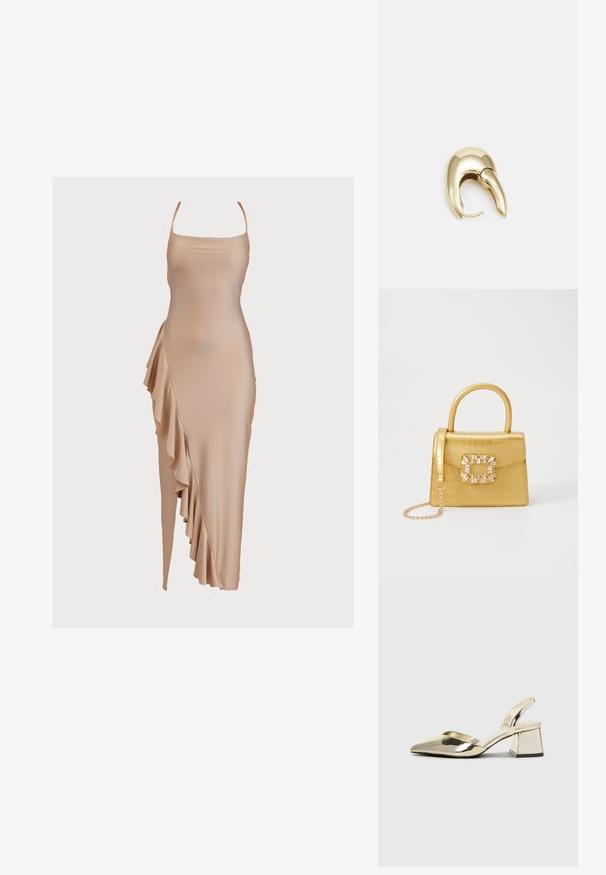 Naha ilma varrukateta kleit, mis on valmistatud siledast kangast, külje volangiga ja keha lähedases siluettis. Elegantne ja minimalistlik disain.; Kuldne, metallilised slingback-kudumid terava varba ja paksu kontsaga. Sile tekstuur, minimalistlik disain ja kitsas rihm.; Kollane faux-krokodilli käsipindaga kott, millel on struktureeritud disain, ülemine käepide, eemaldatav kettmass ja dekoratiivne kristallkaunistus klambril.; Kuldtooni metallist kõrvarõngas, millel on elegantne ja kaarjas disain. Omab silmapaistvat teravat kuju, poleeritud pinda ja hingesulgemist.