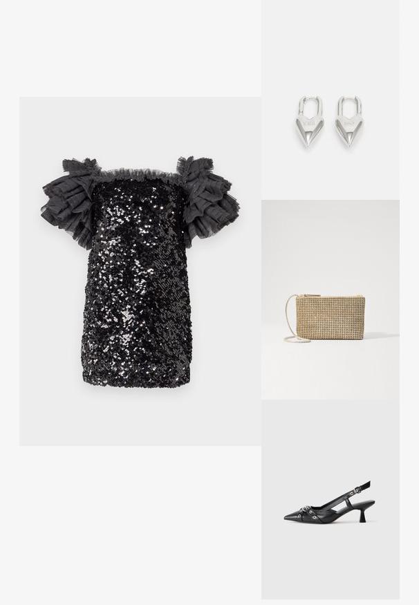 Čierne šaty s flitrami s priliehavým strihom, krátkou dĺžkou a volánovými priehľadnými rukávmi. S štruktúrovaným povrchom a trblietavými flitrami po celom obvode.; Čierne kožené slingback topánky s špicatou špičkou, ozdobnými popruhmi s kovovými očkami a nízkym blokovým podpätkom. Textúrovaný povrch.; Loeffler Randall YASMINE FLAT CLUTCH - Taška cez plece - gold; Strieborné zámky v tvare srdca so vygravírovanými nápismi "ÁNO" a "NIE", leštený povrch, symetrický dizajn a robustný kovový uzáver.