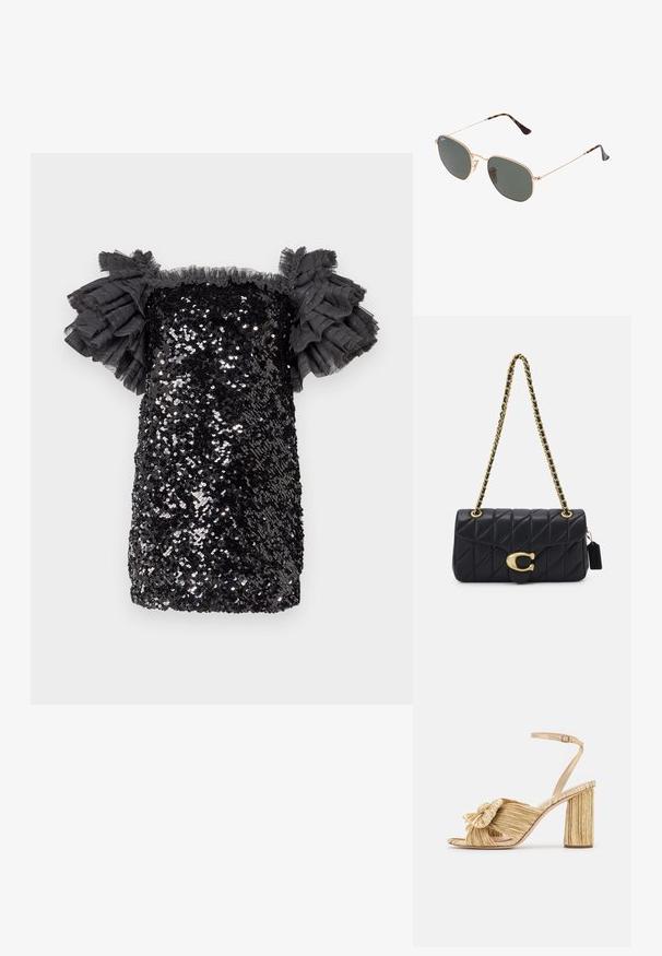 Robe à sequins noire avec un design ajusté, de courte longueur et des manches en tulle volantées. Finition texturée avec des sequins scintillants sur l'ensemble.; Sandales dorées à talons avec un devant noué, texture plissée et une bride de cheville. Le talon carré a un design strié, améliorant l'adhérence.; Lunettes de soleil en métal doré avec des verres vert foncé, de style aviateur, dotées de branches fines et d'accents en écaille de tortue sur les embouts.; Sac à main matelassé noir avec une bandoulière en chaîne dorée, présentant un fermoir doré distinctif et une petite étiquette, mettant en valeur une surface en cuir texturé.