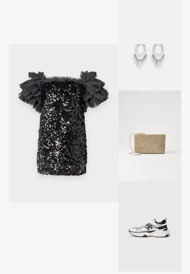 Czarna sukienka z cekinami o dopasowanym kroju, krótkiej długości i falbaniastych, przezroczystych rękawach. Teksturowane wykończenie z połyskującymi cekinami na całej powierzchni.; Srebrne i białe buty sportowe z siateczki i materiału syntetycznego, z wyściółką na kołnierzu, czarnymi akcentami i grubą podeszwą. Czarny detal z logiem po boku.; Loeffler Randall YASMINE złoty; Srebrne kłódki w kształcie serca z wygrawerowanymi napisami "TAK" i "NIE", polerowane wykończenie, symetryczny design oraz mocny metalowy zamek.