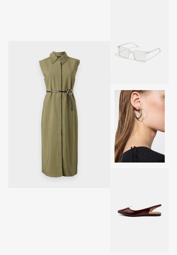 Oliva zöld, ujjatlan ruházat gallérral, deréktájon fekete övvel, mely kerek fémbútorral és oldalsó hasítékokkal van díszítve.; Burgundy színű lakk slingback balerina cipők hegyes orral, átlátszó kivágással és lapos fekete talppal. Sima textúra, minimalista dizájn.; Átlátszó műanyag négyzet alakú szemüveg, áttetsző lencsékkel, arany díszítéssel a szárakon a fokozott részletekért.; Ez egy ezüst fülbevaló, sima felülettel, amelyen apró arany díszítőelemek találhatók. Kerek formájú és a fülcimpán viselik.