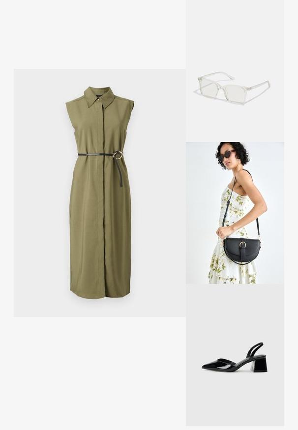 Õlakarvane olivroheline kleit, millel on kaelus, vöökoht on rõhutatud musta vöödiga, millel on ümmargune metallist pandla ja külgmised lõhiksed.; Mustad musta lakknahk kingad, millel on terav varvas ja geomeetriline plokkkonts. Omab elegantselt minimalistlikku disaini ja sujuvat tekstuuri.; Selge plastmassist ruudukujulised prilliraamid koos läbipaistvate läätsedega, millel on kuldsed aktsendid templitel, et lisada detaile.; Mustmust mustraha kõverate joontega, eemaldatava rihmaga ja kuldsete detailidega. Kotil on klapp, millel on pandladetail.