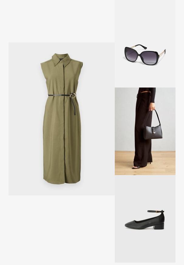 Olive zelené bezrukávové šaty s golierom, zúžené v páse čiernym opaskom s okrúhlou kovovou sponou a bočnými rozparkami.; Čierne kožené lodičky s špicatou špičkou a nízkym blokovým podpätkom. Obsahuje remienok okolo členka so zlatým prackou. Hladký povrch.; Čierne oversized slnečné okuliare s gradientovými sklíčkami, hrubými rámami a zlatým retiazkovým detailom na stranách.; Čierna kabelka so štruktúrovaným tvarom, hladkou textúrou a kovovou sponou. V kombinácii so širokými čiernymi nohavicami a sandálmi s otvorenou špičkou na drevenej podlahe.