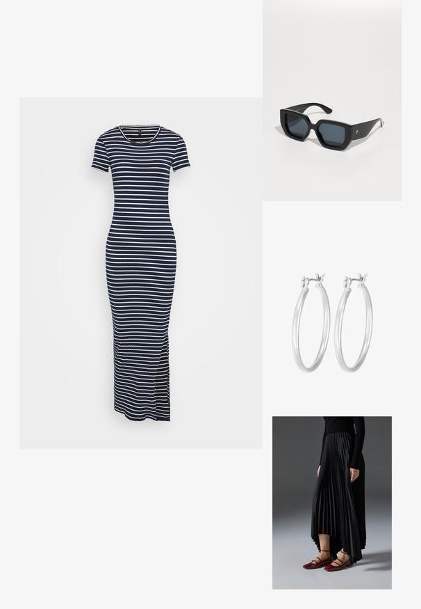 Jūriniai ir balti dryžuoti, trumpomis rankovėmis, raštuoti maksi suknelė, turinti apvalų iškirpimą ir šoninius įpjovimus, kad būtų patogu judėti.; Juoda plisuota sijonas su aukštesniu priekiniu kraštu, derinamas su blizgiomis raudonomis plokščiomis bateliais, turinčiais dirželio dizainą. Medžiaga yra glotni.; Juodos didelės saulės akinių su geometriniu raštu, stačiakampiais objektyvais ir blizgiu paviršiumi. Nėra matomo prekės ženklo priekyje.; Sidabriniai auskarai su sklandžiu, poliruotu paviršiumi. Apvalios formos ir saugus uždarymo mechanizmas. Lengvas dizainas, tinkantis kasdieniam dėvėjimui.