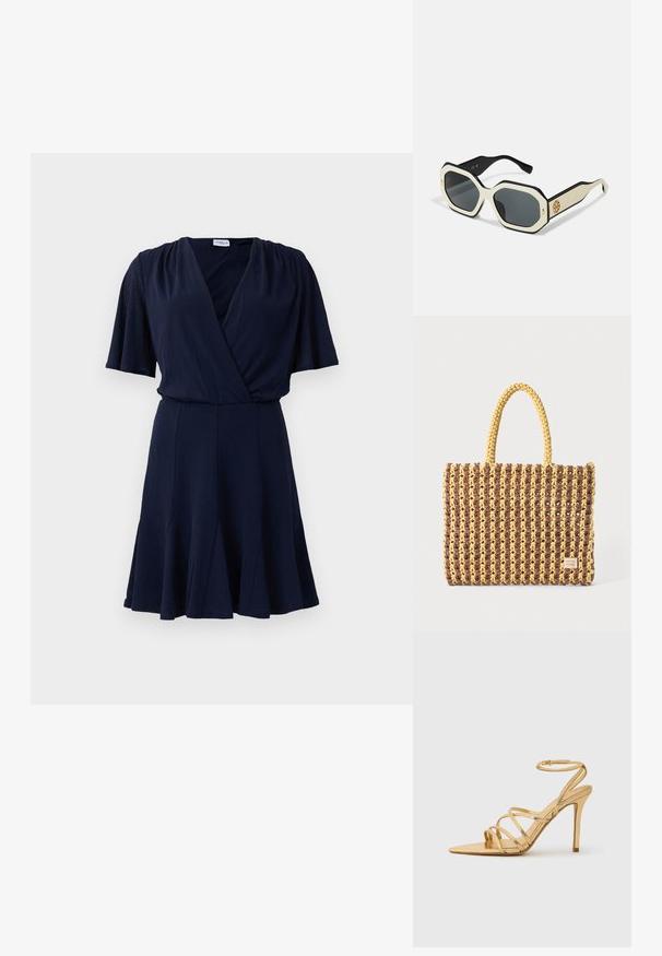 Tmavomodré šaty s krátkym rukávom, s výstrihom do V, zavinovacou prednou časťou, zberanými plecami, priliehavým pásom a rozšírenou plisovanou sukňou.; Zlaté sandále na vysokom opätku s remienkom, špicatou špičkou, metalickým povrchom, štíhlym remienkom na členku a textúrovaným opätkom. Elegantný dizajn s minimálnymi akcentmi.; Slnečné okuliare s osmiuholníkovým bielym rámom, čiernymi okrajmi a sivými sklami. Zlatý detail loga na boku dodáva jedinečný akcent.; Tkaná taška v hnedej a žltej farbe, s obdĺžnikovým tvarom, dvoma úchytmi a textúrovaným povrchom s viditeľným šitím a značkovou visačkou.