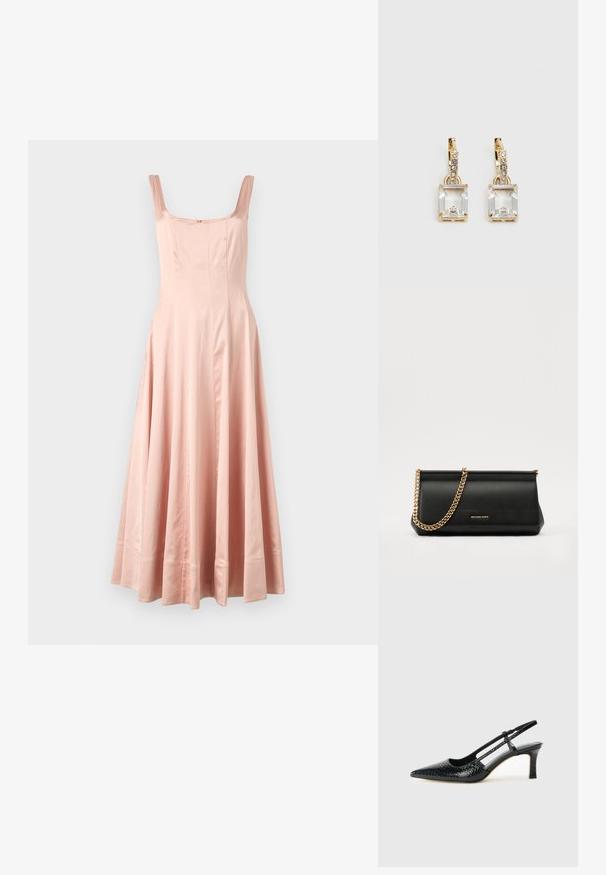 Ilga rožinė satino suknelė su kvadratine iškirpte, plačiomis petnešėlėmis ir plačiu sijonu. Suprantu vertikalius siūlus ir apdailą su subtiliu finišu.; Juodai lakuoti slingback aukštakulniai su smailiu nosiu, su tekstūruotu gyvatės raštu, reguliuojama juosta ir trumpu, tekstūruotu blokiniu kulnu.; Juodas odinis delninukas su auksine grandine, turintis lygų paviršių, stačiakampį išmatavimą ir įspaustą prekės ženklą priekyje.; Auksinės spalvos auskarai, kuriuose yra stačiakampis, skaidrus kristalas, kabantis po eile mažų, apvalių skaidrių akcentų. Šiuolaikiškas, modernus dizainas.