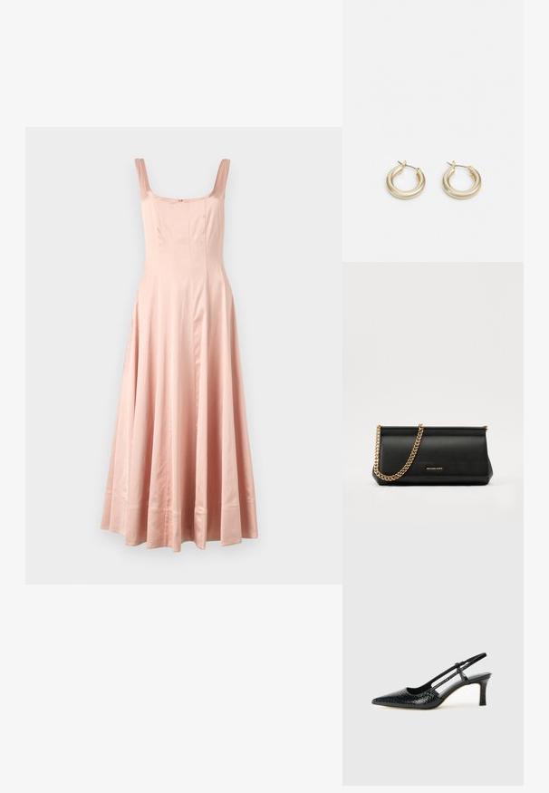 Hosszú, rózsaszín selyemruha négyzet alakú kivágással, széles pántokkal és lágyan omló szoknyával. Függőleges varratokkal és diszkrét szegéllyel rendelkezik.; Fekete lakk slingback sarok, hegyes orral, texturált kígyómintával, állítható pánttal és rövid, texturált tömbsarkal.; Fekete bőr kisméretű táska arany lánccal, sima felülettel, téglalap alakú, és dombornyomott márkázással az elején.; Lauren Ralph Lauren BASIC SMALL HOOP - Fülbevalók - gold-coloured