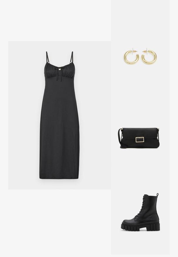 Hollister Co. BARE KNIT - Päevakleit - casual black; Must mustaanklid mustast nahast, paksu ja soonilise tallaga, sidumisena esiotsaga ja tõmbevahega, suvalisel valgel taustal.; Must haben musta nahkklahviga kott, millel on klapp ja kuldne metallist pandla detail. Kaasas must rihm ja stiilne, minimalistlik disain.; Kuldne rõngassõrmused sileda ja läikiva viimistlusega. Ringikujuline disain, millel on väike post ja selge tagumine külg, et tagada kindel kandmine.