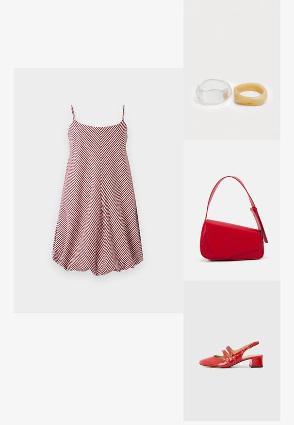 Rødt og hvitt stripet ermeløst kjole med en tettsittende overdel og utsvingt skjørt, med et chevron-mønster og justerbare spaghetti-stropper.; Rød patentlær slingback-sko med spiss tå, to-stroppedesign med sirkulære detaljer og en lav blokkhæl.; Rød lærveske med en vinklet, geometrisk design. Har en enkelt justerbar stropp og en klaffelukking med sydd detaljer.; Klare og ravfargede harer, den ene glatt og gjennomsiktig, den andre med en teksturert, ravfarget finish. Begge har avrundede, kraftige design.