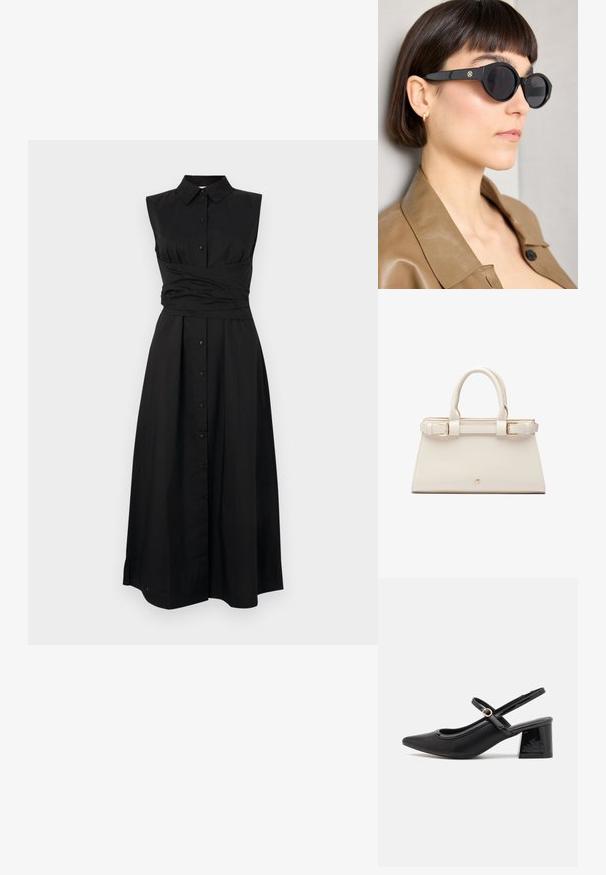 Svart ermeløs kjole med knappelukking foran og en tettsittende midje. Laget av glatt stoff, med krage og vid skjørt.; Sorte lakk lær slingback hæler med spiss tå, et avrundet utskjæringsdesign og blokkheel. Har en gulltone spenne som detalj.; Sorte oktagonale solbriller med mørke linser, med et gull-emblem på siden, kombinert med en lysebrun lærjakke.; Strukturert handbag i kremfarget kunstlær med gullfarget maskinvare. Har doble hanke på toppen og en spenneaksent foran.