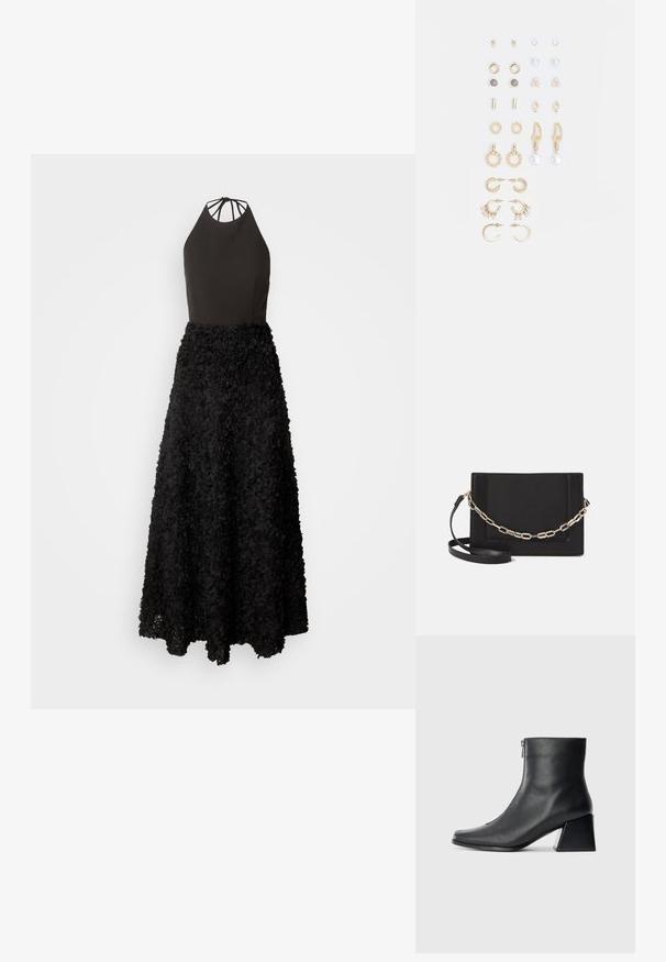 Black dress featuring a fitted halter neck bodice and a voluminous skirt made of layered floral appliqués. Textured surface with a flowing design.; Black leather ankle boot with square toe, side zipper, and block heel against plain light background.; Black leather crossbody bag featuring a smooth texture, rectangular shape, and a metallic chain detail on the front. Adjustable strap included.; Set of gold-tone earrings featuring various designs, including studs, hoops, and dangling pieces with pearls and rhinestones.