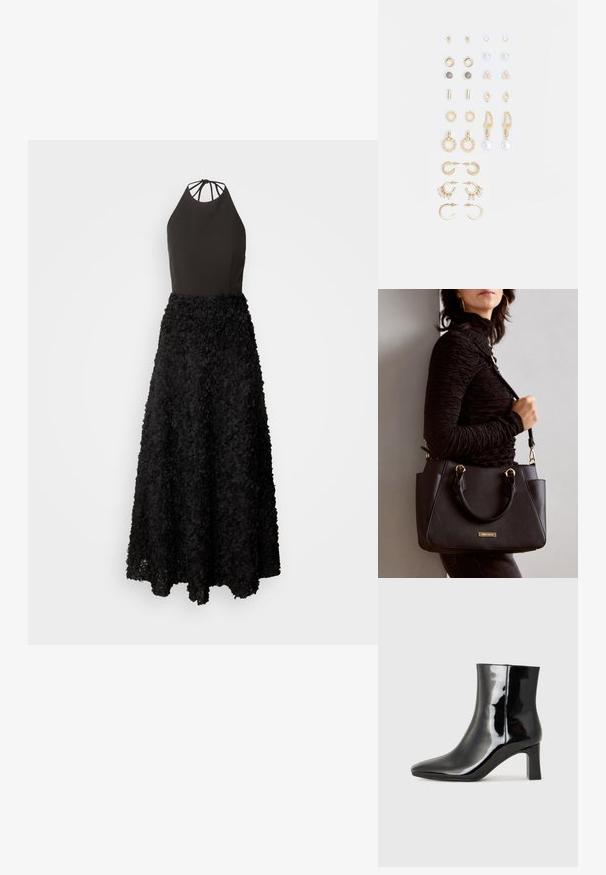 Svart kjole med en fitted halterneck bodice og en voluminøs skjørt laget av lagdelte blomsterapplikasjoner. Teksturert overflate med et flytende design.; Sorte patentlær ankle boot med spiss tå og en mellomhøy blokkhelt. Glatt tekstur og minimalistisk design.; Svart håndveske med teksturert overflate, doble topphåndtak og justerbar skulderrem. Har detaljer i gulltone og sidelommer.; Sett med gullfargede øredobber med ulike design, inkludert stikkere, hoops og hengende deler med perler og rhinestones.