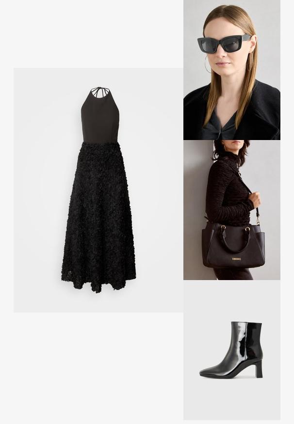 Schwarzes Kleid mit einem taillierten Halterneck-Oberteil und einem voluminösen Rock, der aus geschichteten floralen Applikationen besteht. Strukturierten Oberfläche mit fließendem Design.; Schwarzer Lackleder-Stiefelette mit spitzer Zehe und einem mittelhohen Blockabsatz. Glatte Textur und minimalistisches Design.; Schwarze Katzenaugen-Sonnenbrille mit dunklen Gläsern, dicken Rahmen und subtilen Akzenten. Getragen mit einem schwarzen Mantel und einem grauen Oberteil, dazu lange, glatte Haare.; Schwarze Handtasche mit strukturierten Oberflächen, doppelten Obergriffen und verstellbarem Schultergurt. Mit goldfarbener Hardware und Seitentaschen.